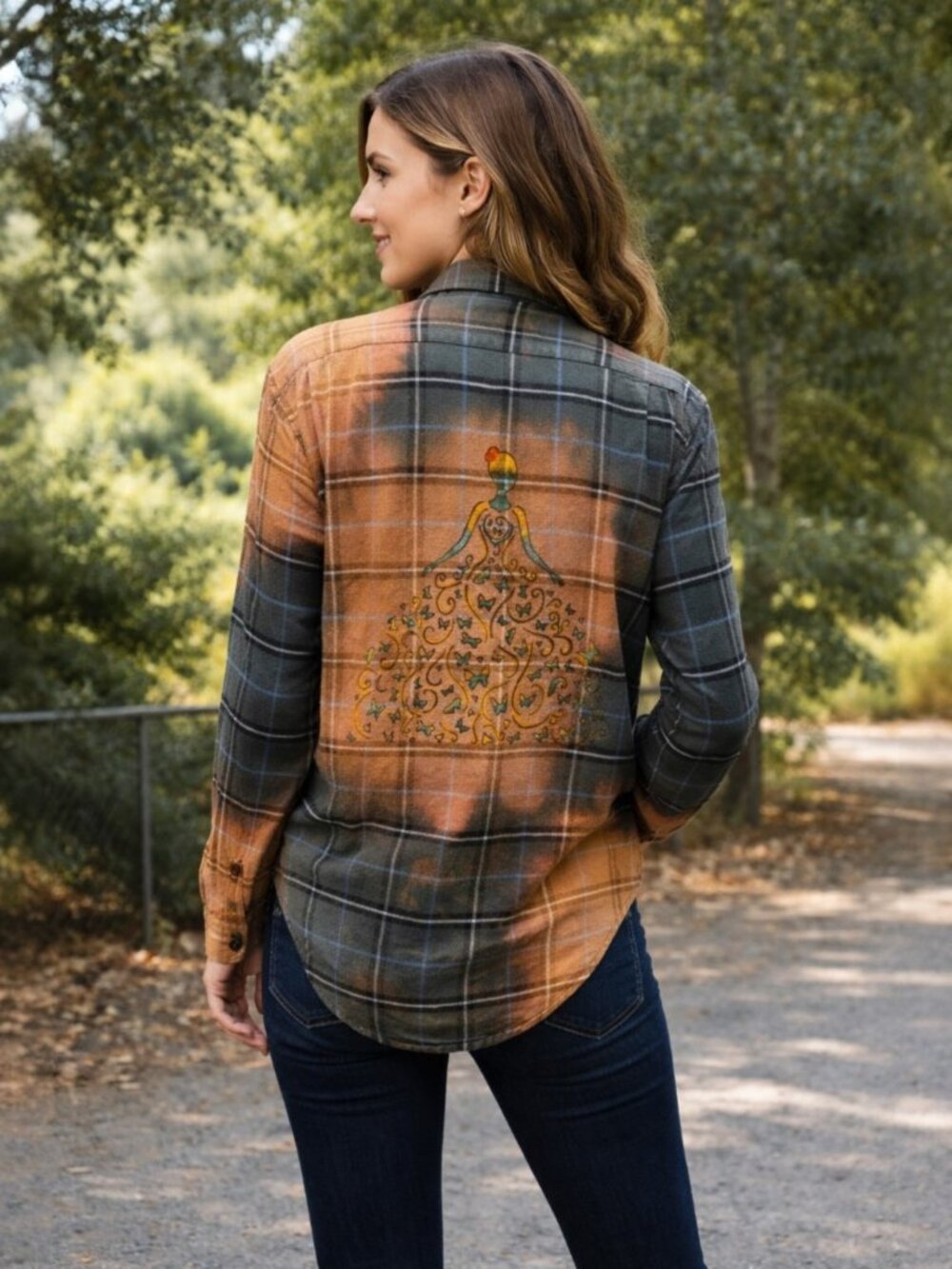 Upcycled Hand Painted Butterfly Dress Flannel Shirt - Bleached Green Blue M